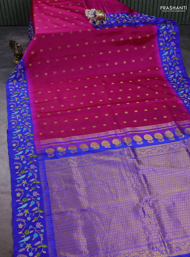 Pure gadwal silk saree pink and royal blue with allover zari woven buttas and temple design convent embroidery