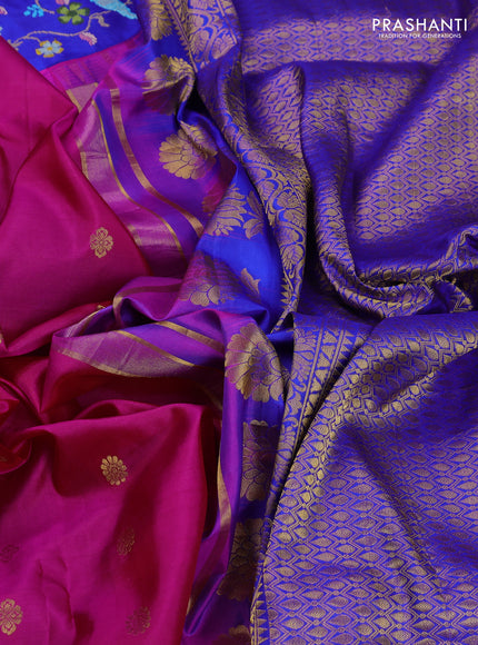 Pure gadwal silk saree pink and royal blue with allover zari woven buttas and temple design convent embroidery