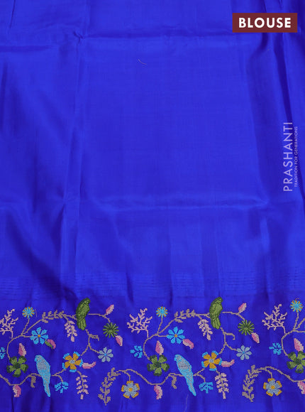 Pure gadwal silk saree pink and royal blue with allover zari woven buttas and temple design convent embroidery