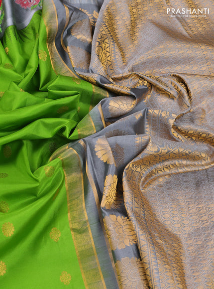 Pure gadwal silk saree light green and grey with allover zari woven buttas and temple design convent embroidery