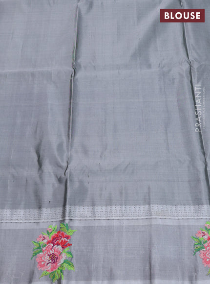 Pure gadwal silk saree light green and grey with allover zari woven buttas and temple design convent embroidery