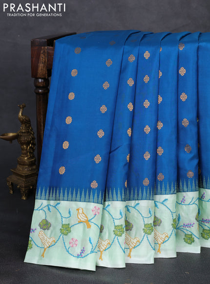 Pure gadwal silk saree peacock blue and teal green with allover zari woven buttas and temple design convent embroidery