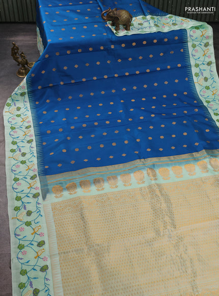 Pure gadwal silk saree peacock blue and teal green with allover zari woven buttas and temple design convent embroidery