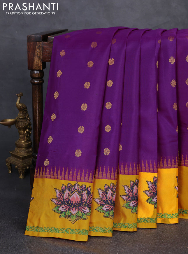Pure gadwal silk saree magen pink and mango yellow with allover zari woven buttas and temple design convent embroidery