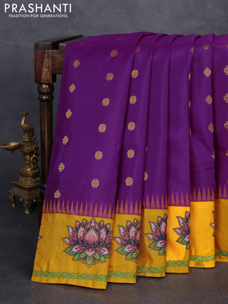Pure gadwal silk saree magen pink and mango yellow with allover zari woven buttas and temple design convent embroidery