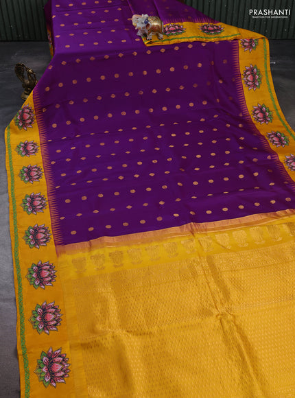 Pure gadwal silk saree magen pink and mango yellow with allover zari woven buttas and temple design convent embroidery
