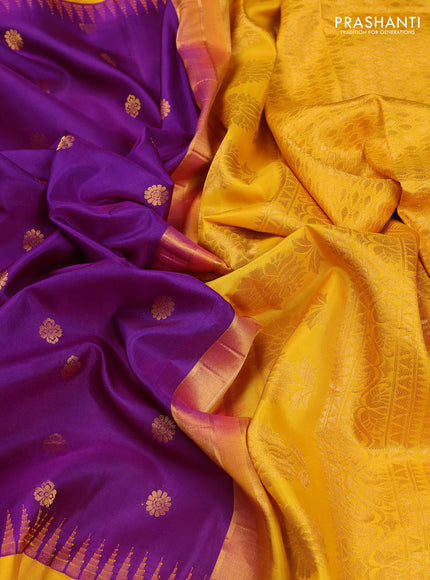 Pure gadwal silk saree magen pink and mango yellow with allover zari woven buttas and temple design convent embroidery