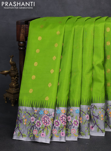 Pure gadwal silk saree light green and grey with allover zari woven buttas and temple design convent embroidery