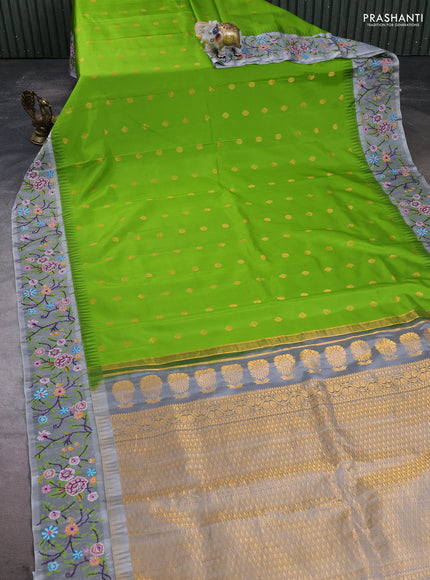 Pure gadwal silk saree light green and grey with allover zari woven buttas and temple design convent embroidery