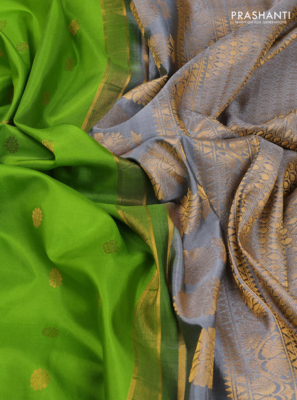 Pure gadwal silk saree light green and grey with allover zari woven buttas and temple design convent embroidery