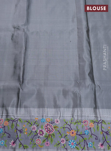Pure gadwal silk saree light green and grey with allover zari woven buttas and temple design convent embroidery