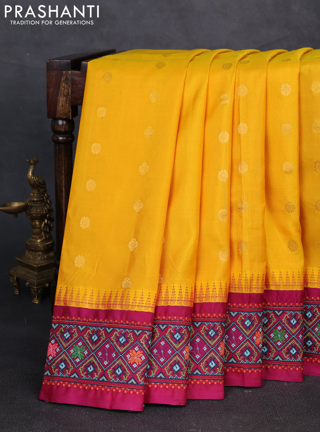 Pure gadwal silk saree yellow and wine shade with allover zari woven buttas and temple design convent embroidery