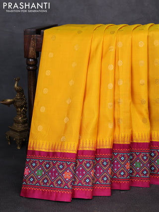 Pure gadwal silk saree yellow and wine shade with allover zari woven buttas and temple design convent embroidery
