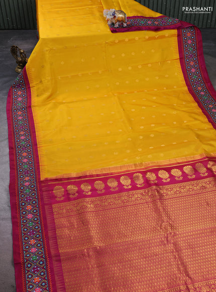Pure gadwal silk saree yellow and wine shade with allover zari woven buttas and temple design convent embroidery