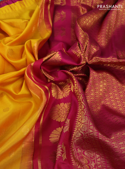 Pure gadwal silk saree yellow and wine shade with allover zari woven buttas and temple design convent embroidery