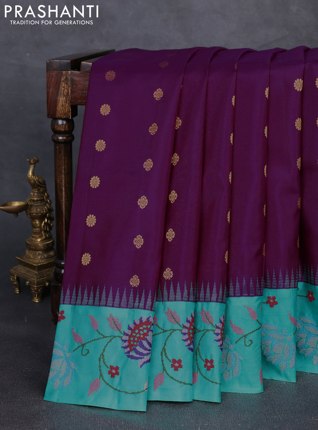 Pure gadwal silk saree purple and teal green with allover zari woven buttas and temple design convent embroidery