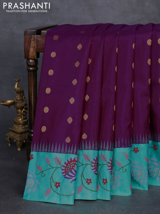 Pure gadwal silk saree purple and teal green with allover zari woven buttas and temple design convent embroidery