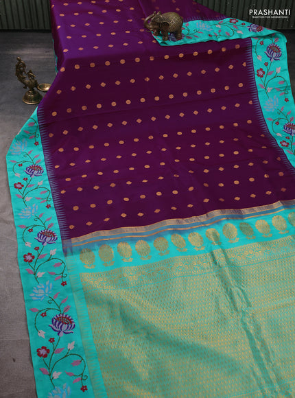 Pure gadwal silk saree purple and teal green with allover zari woven buttas and temple design convent embroidery