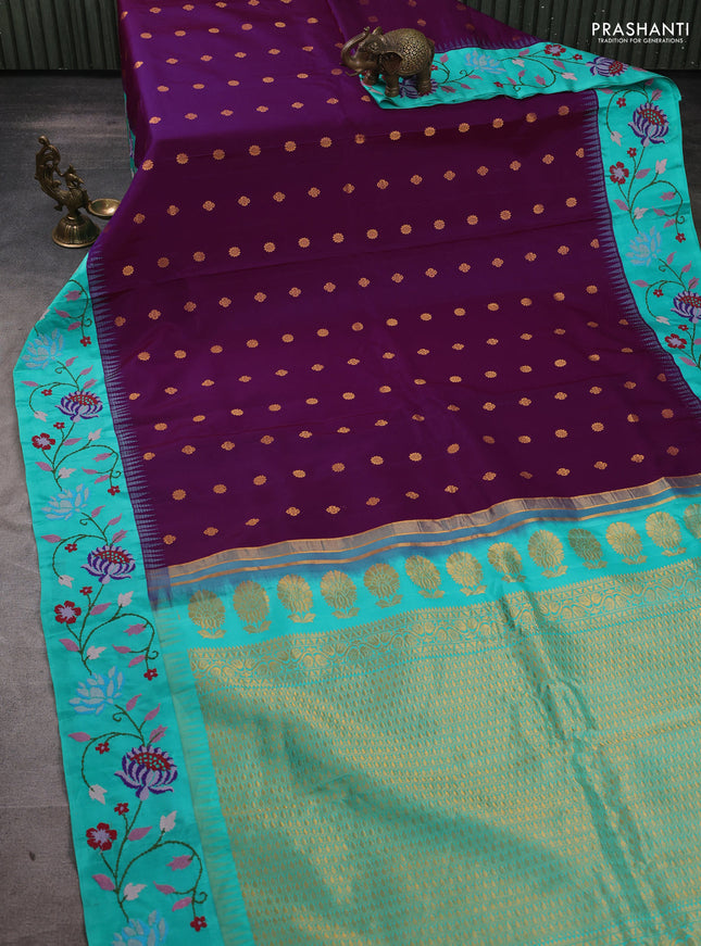 Pure gadwal silk saree purple and teal green with allover zari woven buttas and temple design convent embroidery