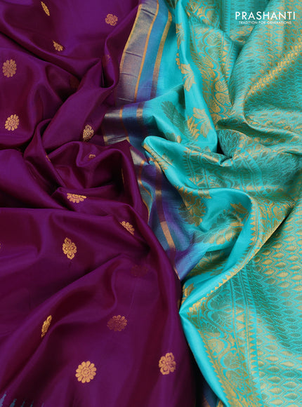 Pure gadwal silk saree purple and teal green with allover zari woven buttas and temple design convent embroidery