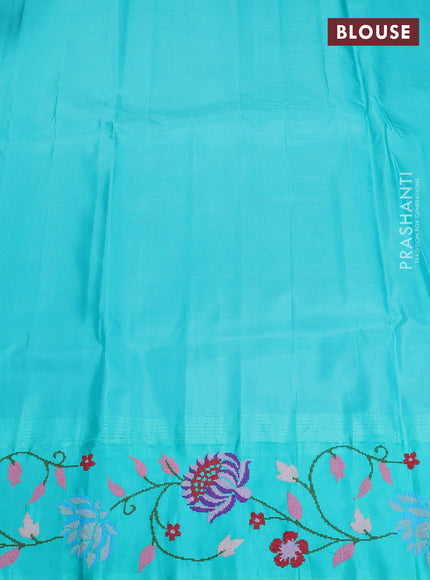 Pure gadwal silk saree purple and teal green with allover zari woven buttas and temple design convent embroidery