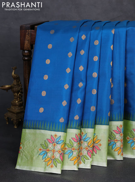 Pure gadwal silk saree peacock blue and pista green with allover zari woven buttas and temple design convent embroidery
