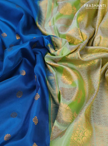 Pure gadwal silk saree peacock blue and pista green with allover zari woven buttas and temple design convent embroidery