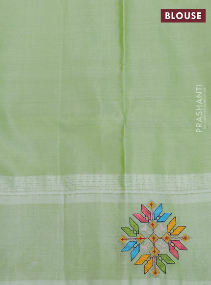 Pure gadwal silk saree peacock blue and pista green with allover zari woven buttas and temple design convent embroidery