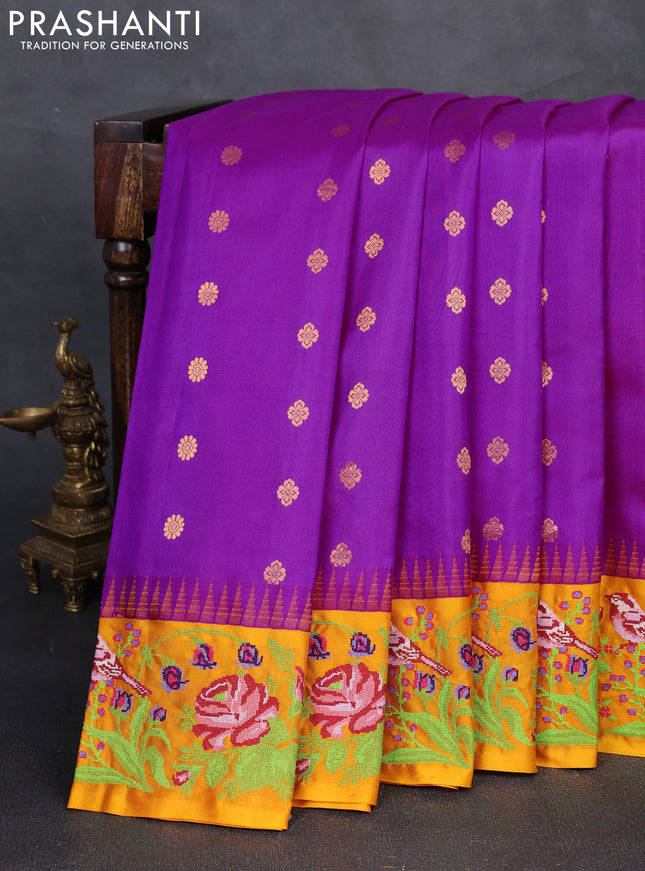 Pure gadwal silk saree magnta pink and dark mustard with allover zari woven buttas and temple design convent embroidery