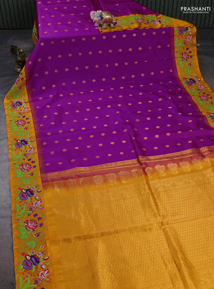 Pure gadwal silk saree magnta pink and dark mustard with allover zari woven buttas and temple design convent embroidery