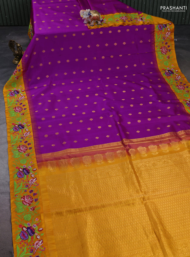 Pure gadwal silk saree magnta pink and dark mustard with allover zari woven buttas and temple design convent embroidery