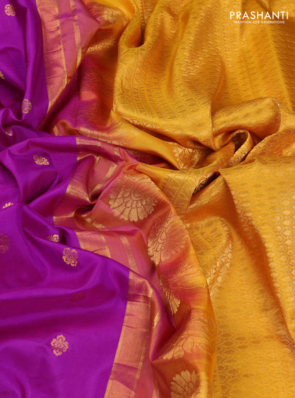 Pure gadwal silk saree magnta pink and dark mustard with allover zari woven buttas and temple design convent embroidery