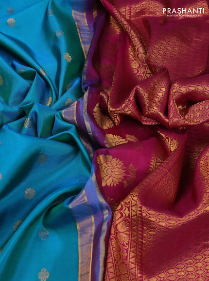 Pure gadwal silk saree dual shade of bluish green and magenta pink with allover zari woven buttas and temple design convent embroidery