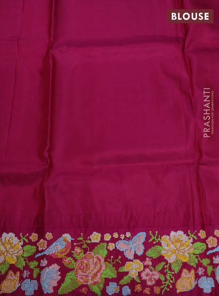 Pure gadwal silk saree dual shade of bluish green and magenta pink with allover zari woven buttas and temple design convent embroidery