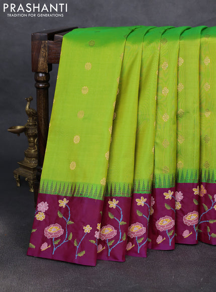 Pure gadwal silk saree light green and magenta pink with allover zari woven buttas and temple design convent embroidery