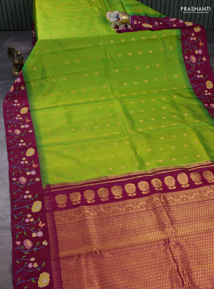 Pure gadwal silk saree light green and magenta pink with allover zari woven buttas and temple design convent embroidery