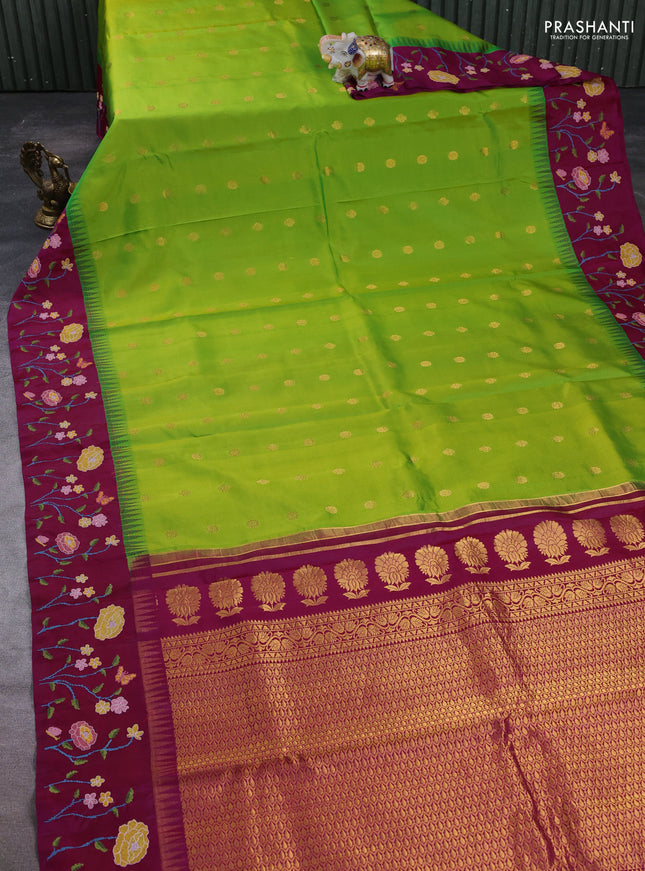 Pure gadwal silk saree light green and magenta pink with allover zari woven buttas and temple design convent embroidery