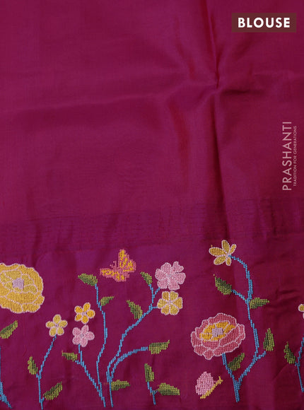 Pure gadwal silk saree light green and magenta pink with allover zari woven buttas and temple design convent embroidery