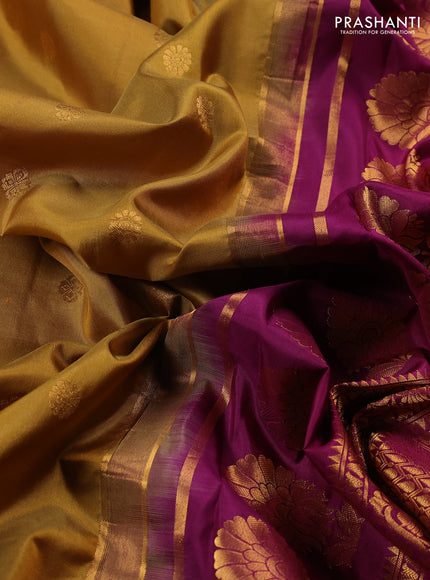 Pure gadwal silk saree dark mustard and purple with allover zari woven buttas and temple design convent embroidery