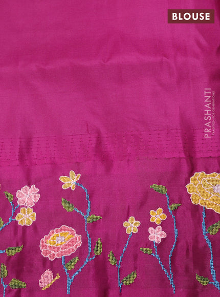 Pure gadwal silk saree dark mustard and purple with allover zari woven buttas and temple design convent embroidery