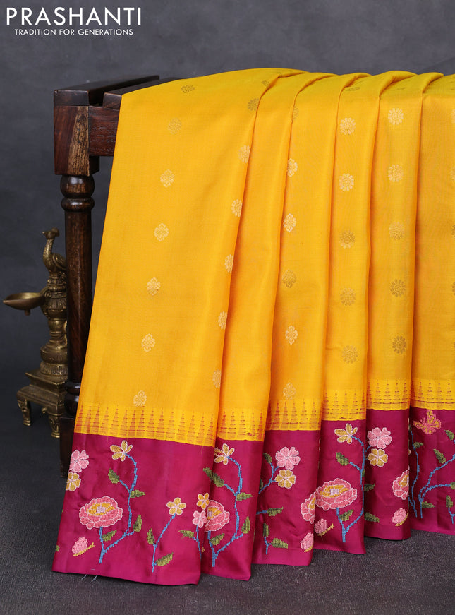 Pure gadwal silk saree mango yellow and magenta pink with allover zari woven buttas and temple design convent embroidery