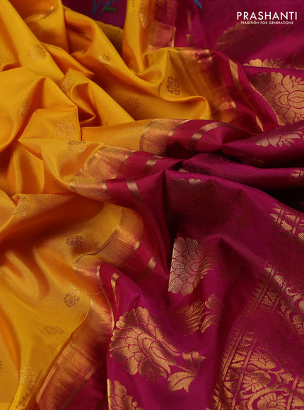 Pure gadwal silk saree mango yellow and magenta pink with allover zari woven buttas and temple design convent embroidery