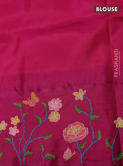 Pure gadwal silk saree mango yellow and magenta pink with allover zari woven buttas and temple design convent embroidery