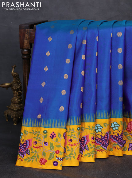 Pure gadwal silk saree dual shade of bluish green and mango yellow with allover zari woven buttas and temple design convent embroidery