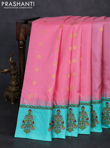 Pure gadwal silk saree peach pink and teal green with allover zari woven buttas and temple design convent embroidery