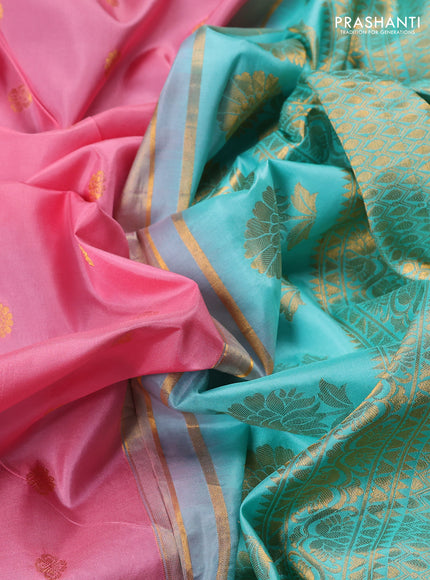 Pure gadwal silk saree peach pink and teal green with allover zari woven buttas and temple design convent embroidery