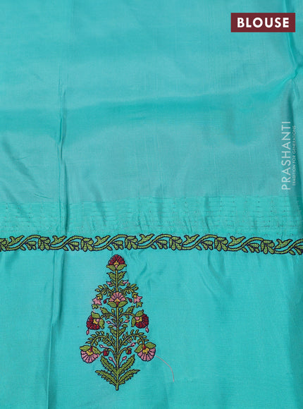 Pure gadwal silk saree peach pink and teal green with allover zari woven buttas and temple design convent embroidery