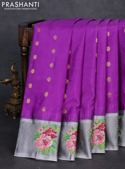 Pure gadwal silk saree purple and grey with allover zari woven buttas and temple design convent embroidery