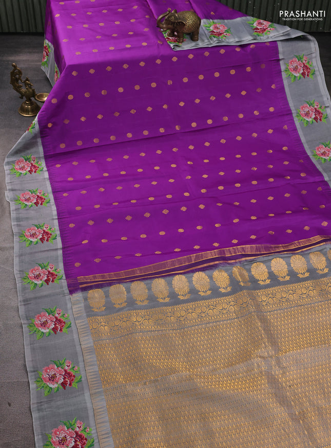 Pure gadwal silk saree purple and grey with allover zari woven buttas and temple design convent embroidery