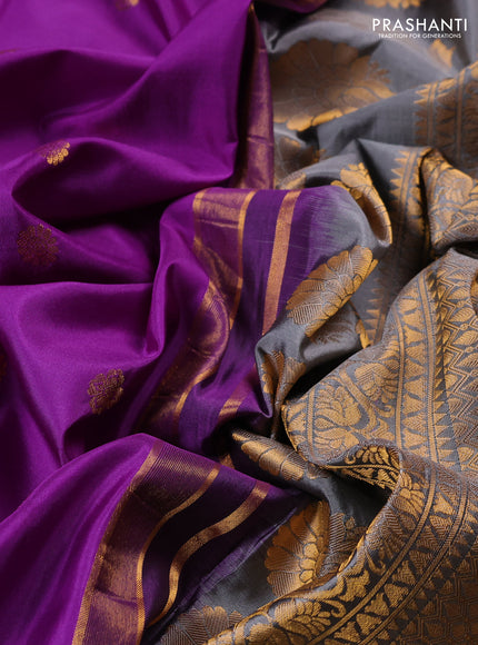 Pure gadwal silk saree purple and grey with allover zari woven buttas and temple design convent embroidery